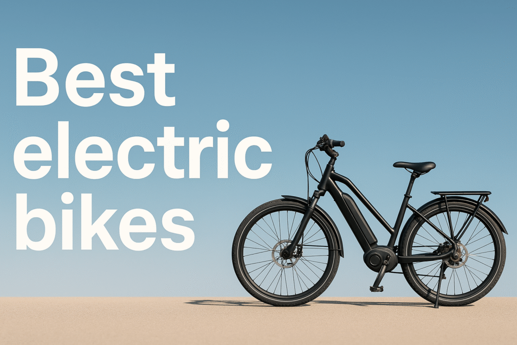 Best Electric Bikes written across a blue sky with an electric bike on the right hand side of the image