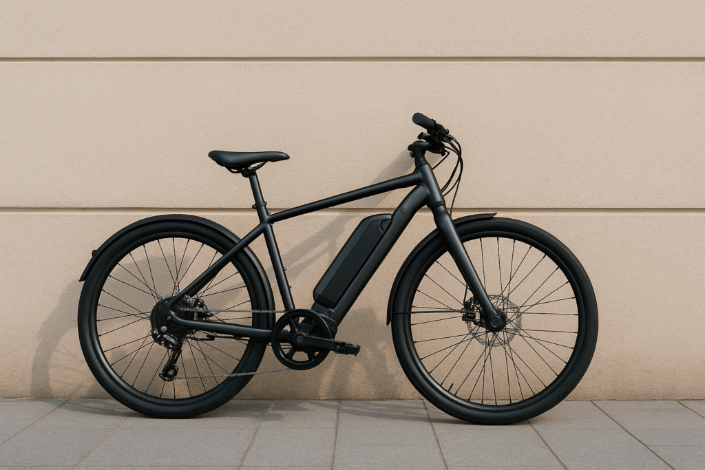 An image of an electric bike parked next to a wall