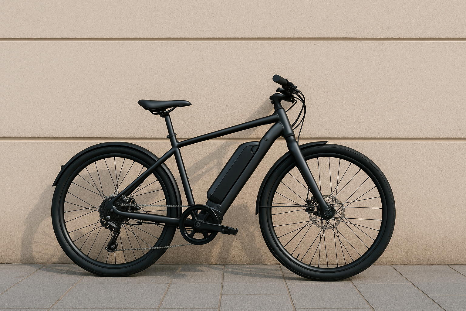 An image of an electric bike parked next to a wall