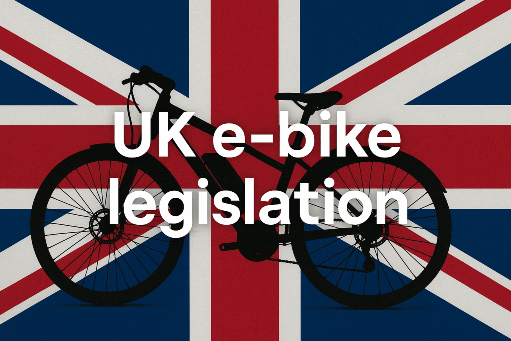 "UK E-bike legislation" written across a british flag and an electric bike in the background.