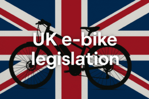 "UK E-bike legislation" written across a british flag and an electric bike in the background.