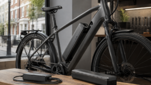 Removable e-bike battery, spare battery and charger displayed beside an electric commuter bike in a modern workshop.