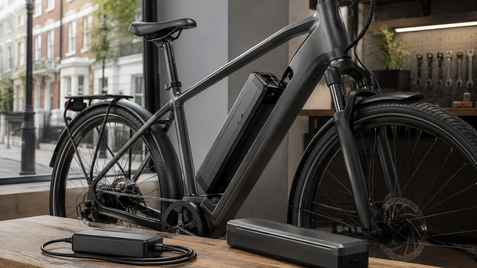 Removable e-bike battery, spare battery and charger displayed beside an electric commuter bike in a modern workshop.