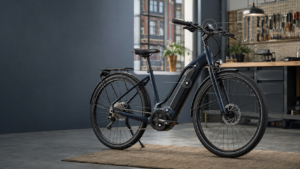 Electric bike with visible battery, motor, pedal sensor and display in a modern bicycle workshop.