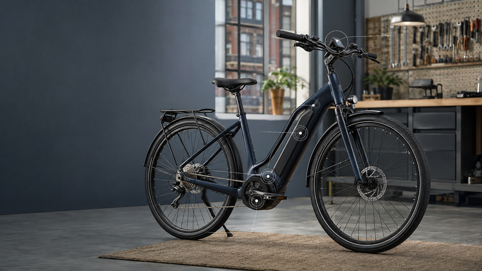 Electric bike with visible battery, motor, pedal sensor and display in a modern bicycle workshop.