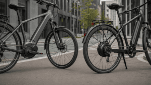 Mid-drive and rear hub-motor electric bikes displayed side by side on a modern British city cycle lane.