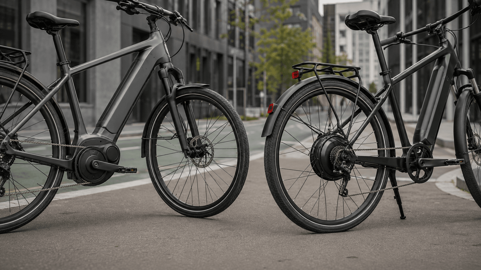 Mid-drive and rear hub-motor electric bikes displayed side by side on a modern British city cycle lane.