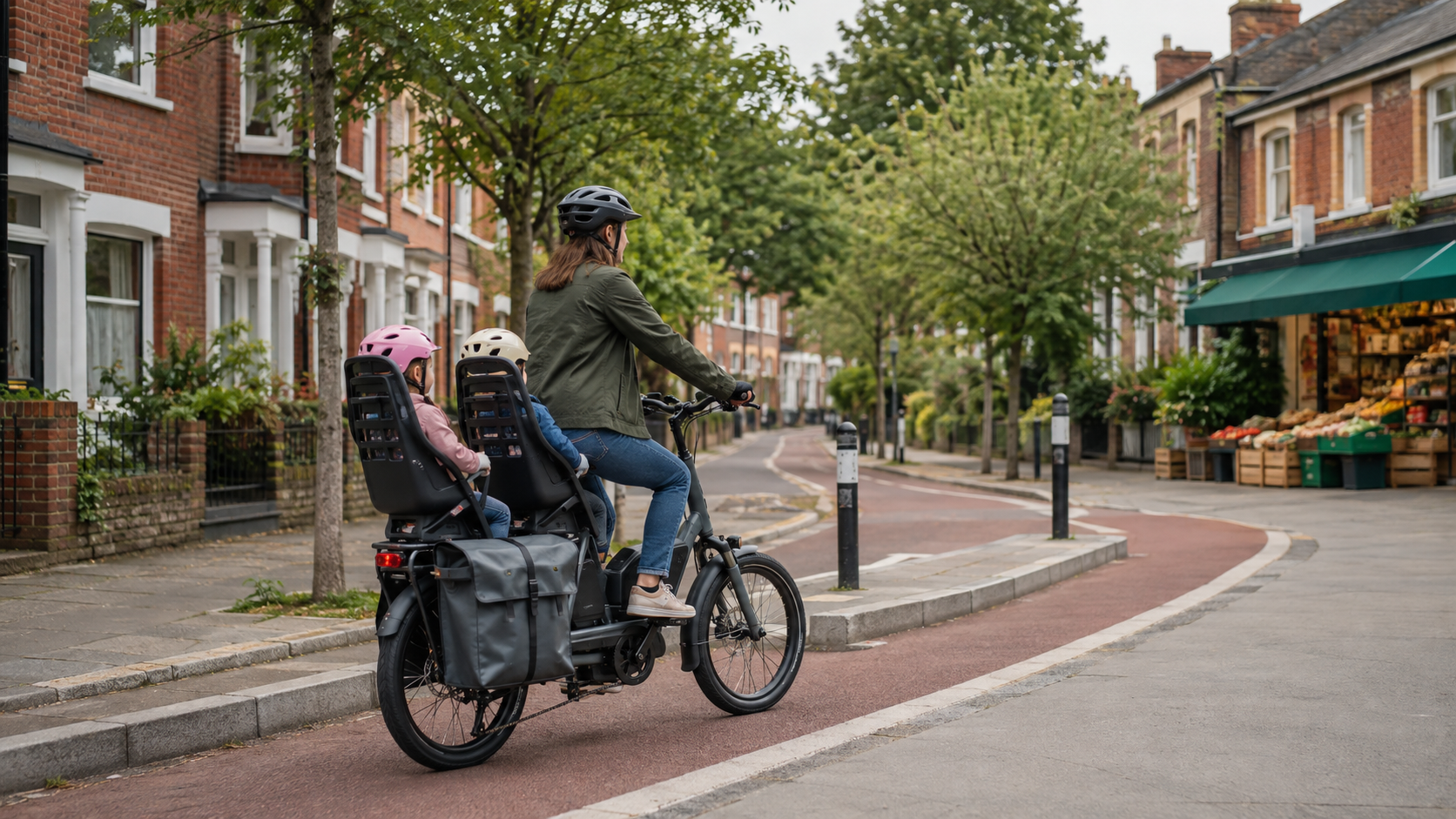 A woman on an electric cargo bike with two children sitting behind her.