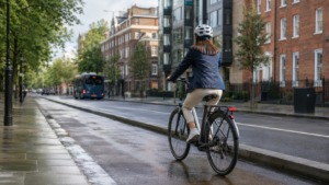 A woman on an electric bike on a bike path in a city