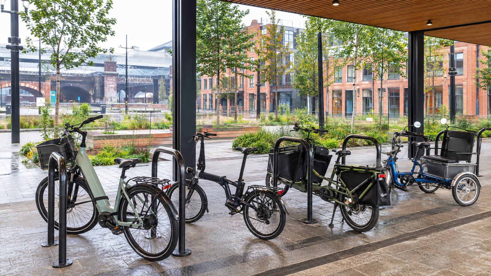 Electric bikes parked in a bicycle parking